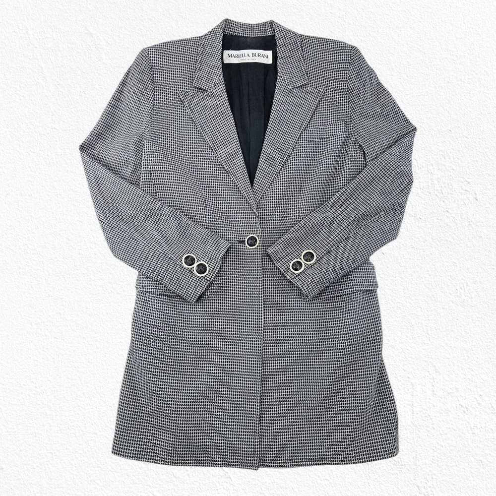 Vintage 90s Mariella Burani Houndstooth Longline Blazer Jacket Italy Made Size 4